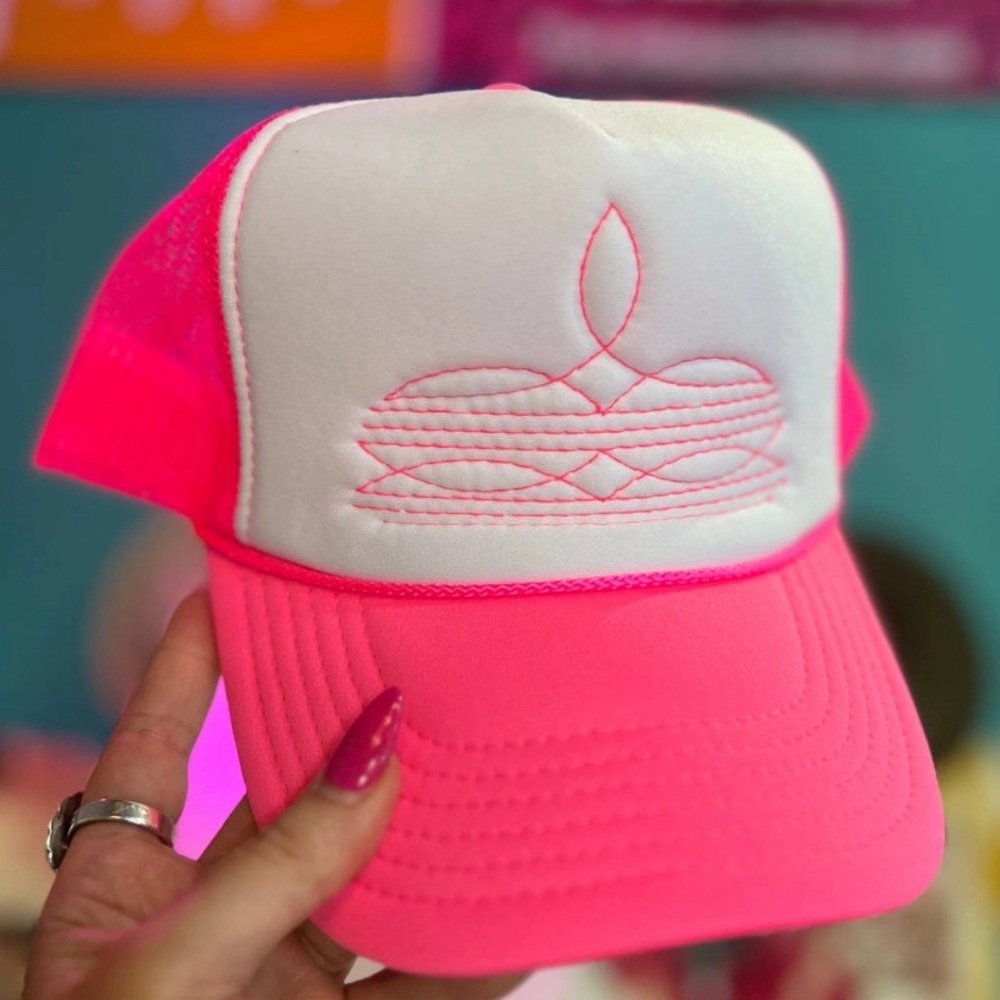 NWT Neon Pink & White Western Boot Stitch Cowgirl Snap Back Trucker Hat Cap - Picture 5 of 5
